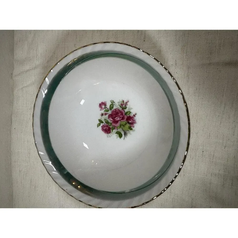 Vintage Japan Porcelain Bowl 6.75” – Roses, Green Band, Gold Trim